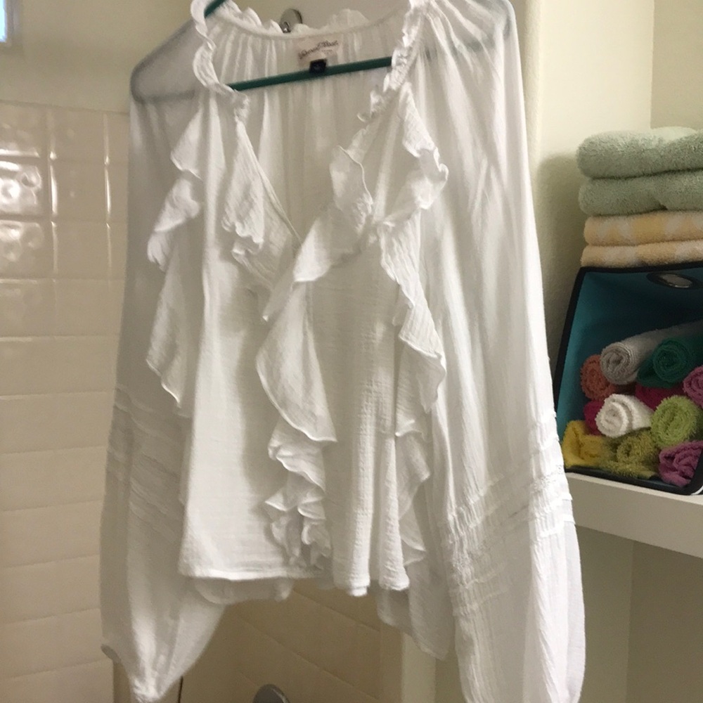 White Ruffle Front Women's Blouse